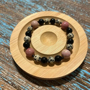 Handmade Rhodonite + Dalmatian jasper + black obsidian Bracelet 🩷🖤